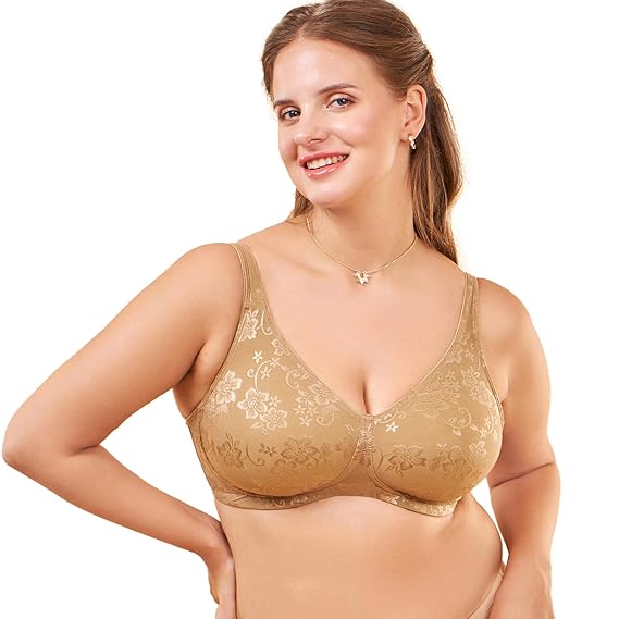 Enamor F135 Plunge Neck Power Jacquard Lift Cotton-Rich Minimizer Bra – Everyday Full Support, Non-Padded, Wirefree, High Coverage